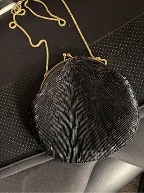 Black Beaded Evening Crossbody Bag with Gold Chain